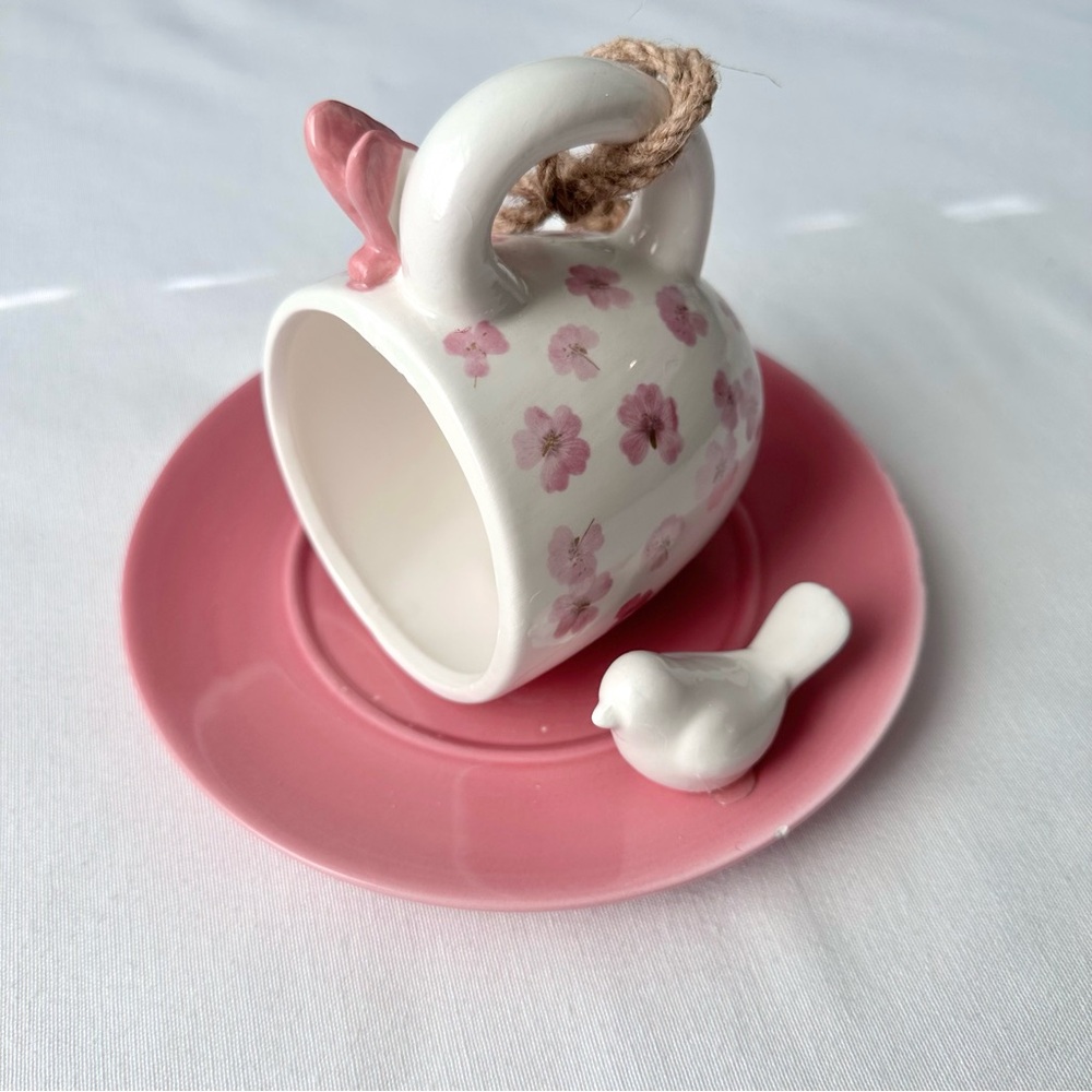 Pink Floral Teacup Hanging Bird Feeder